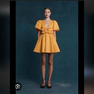 Lovaan Devon Yellow Puff-Sleeve Mini Dress with Front Knot